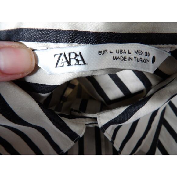 Zara Womens Large Blouse Top Striped Black White Button Up Beetlejuice Minimalis - Picture 5 of 11